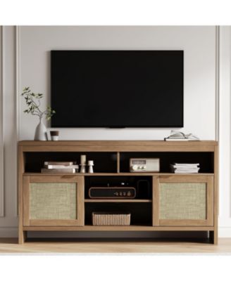 Rattan TV Stand with Storage Place for Living Room, Brown TV Console Cabinet with Shelf, for 45/55/65 in TV, Wood