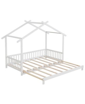 Extendable House Bed Twin to King Daybed with Roof and Fence Rails