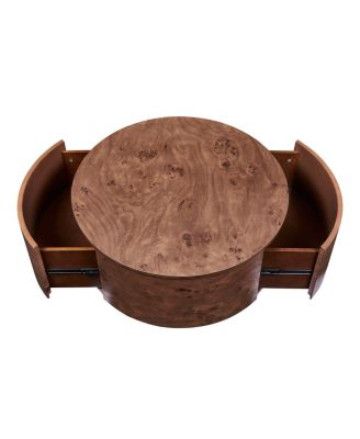  Burl Wood Rotating Coffee Table with 2 Drawers, 360° Rotating Top, Walnut, 28.4"