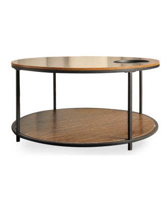  Round antique wood coffee table, 34.64-inch, 2-tier storage, modern design.