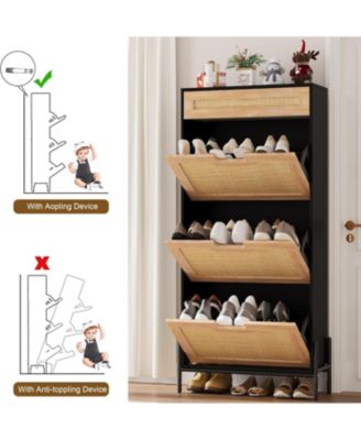 Rattan Shoe Cabinet – Freestanding Shoe Rack with 3 Flip Doors & 1 Drawer, Adjustable Shelves, Metal Legs, Modern Entryway and Hallway