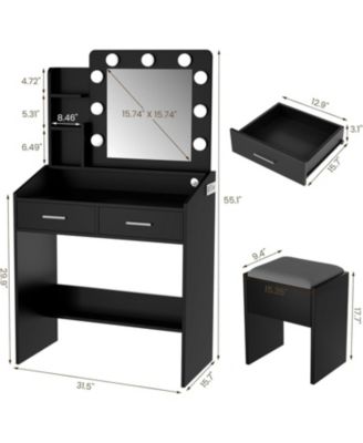 Vanity Desk with Mirror and LED Lights - Makeup Vanity with Power Outlet and Cushioned Stool - Dressing with 2 Drawers and 3 Lighting Modes