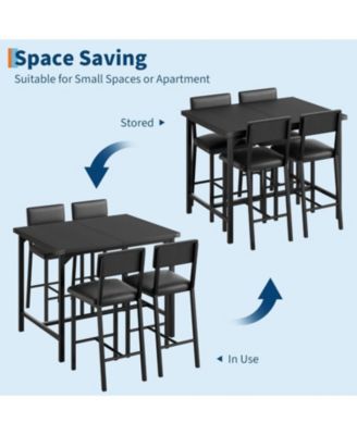 Dining Table Set for 4 w/Footrest and Corner Protector 5-Piece Kitchen Table Set with Counter Height Table and 4 Upholstered Bar Stools