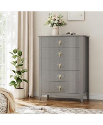 Dresser for Bedroom with 5 Drawers, 32 in Wide Modern Chest of Drawers with Metal Handle, Dresser TV Stand, Wood Drawer Organizer for Bedroom