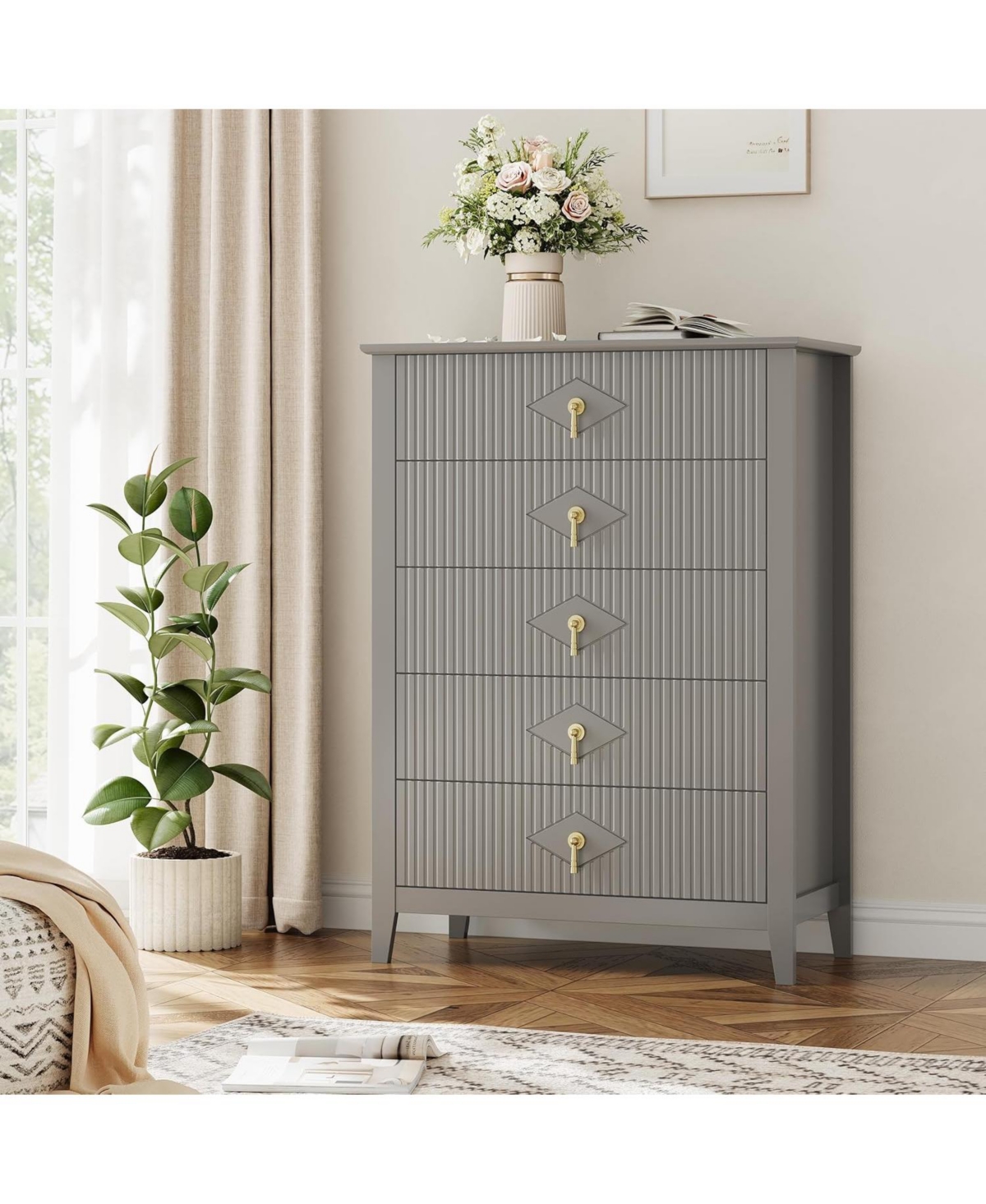 Gaomon 5 Drawer Bedroom Dresser, a 32-inch wide modern chest with metal handles, doubles as a Tv stand and wooden storage organizer for your bedroom