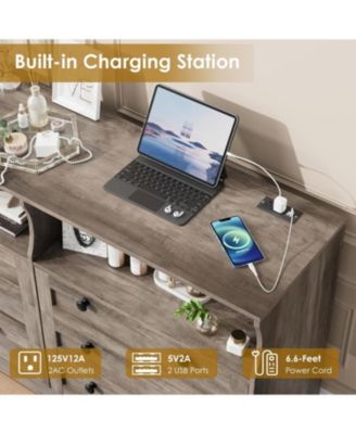 Wood Dressers for Bedroom with 6 Drawer, Wooden Dresser with LED Lights and Power Outlet, Modern Chest of Drawers for Living Room Entryway