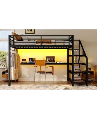 Twin XL Loft Bed with Desk, Storage Stairs, LED Lights & USB Ports