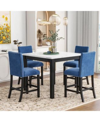 5-Piece Counter Height Dining Set with Faux Marble Table & Velvet Chairs