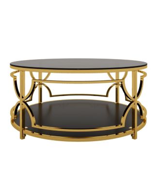 Streamdale Round Tempered Glass Coffee Table, 30.7", Gold Geometric Metal Frame, Shelf