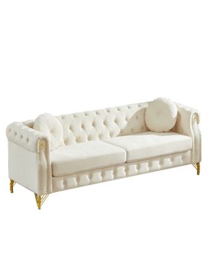 Velvet Chesterfield Sofa with Pillows & Studs, Metal Legs.
