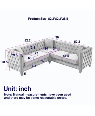 Velvet L-Shaped Sectional Couch, 5-Seater Corner Sofa with 3 Cushions