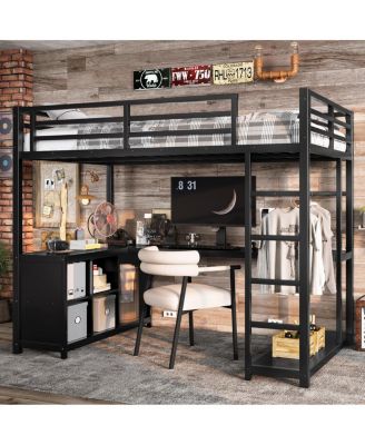 Metal Loft Bed with Wardrobe, L-shaped Desk & Storage, Black