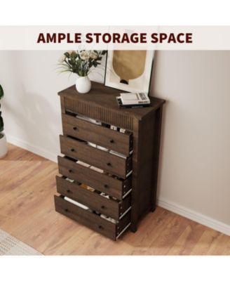 5 Drawer Dresser for Bedroom Wooden Chest of Drawers Fluted Storage Organizer for Living Room Hallway and Entryway