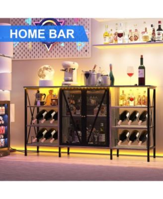 Farmhouse Wine Bar Cabinet with Wine Rack, Glass Holder, LED Light, Metal Sideboard and Liquor Storage Cabinet