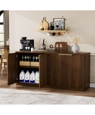 59-inch Modern Wavy Sideboard, Curved Contour 4-Door Storage Cabinet, Walnut