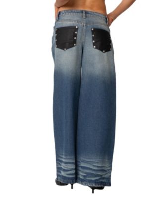 Women's Faux Leather Pocket Low Rise Baggy Jeans