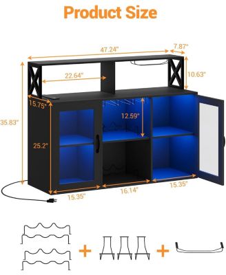 Wine Bar Liquor Cabinet with LED Lights, Glass Holder, Storage Shelves, and Rack for Home Kitchen or Coffee Bar
