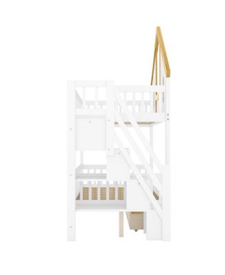 Twin Size Wooden House Bunk Bed with Window, Door, Roof, Drawers & Stairs