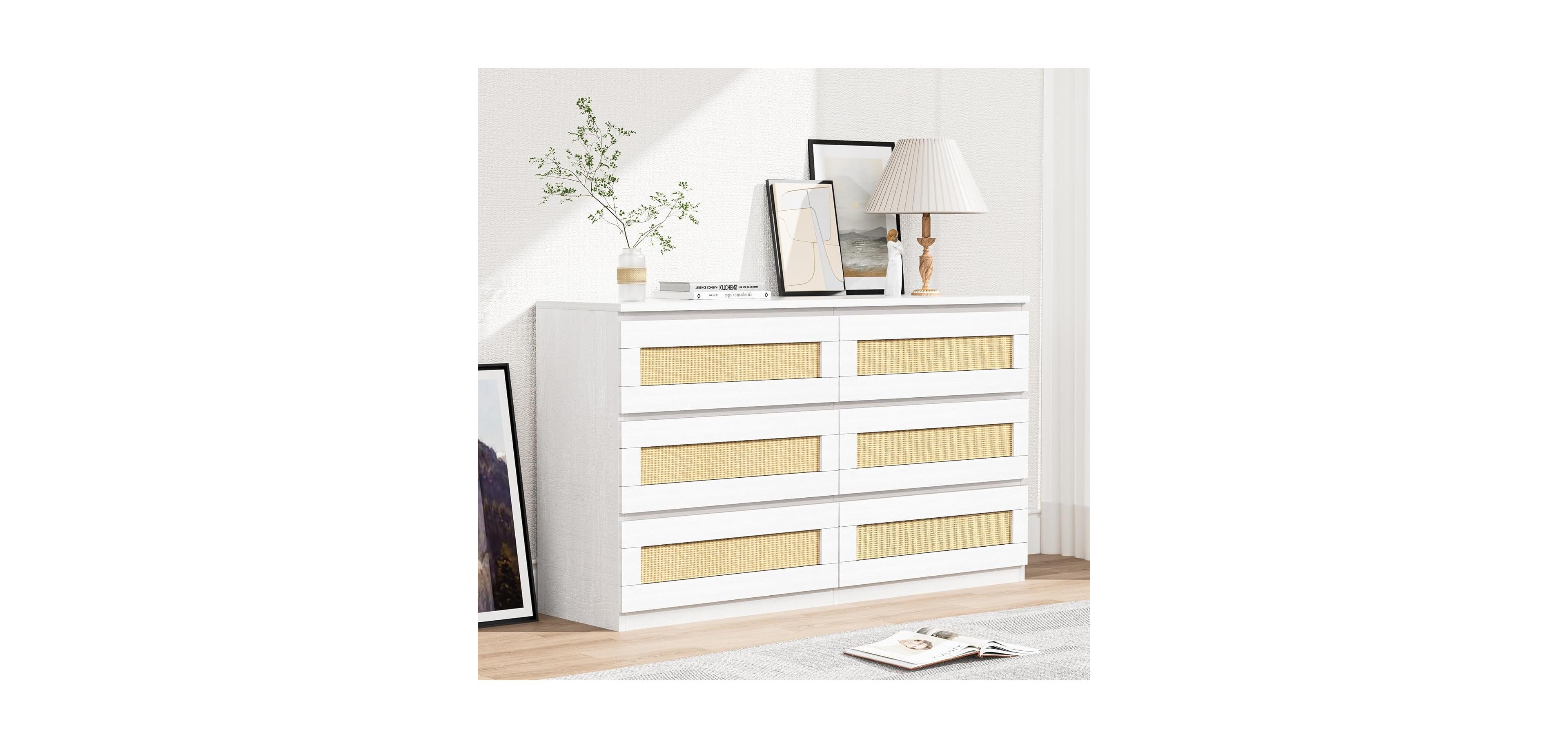 gaomon Farmhouse Rattan Dresser, 47" Wide 6-Drawer Wooden Storage Cabinet for Bedroom, Living Room
