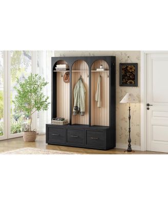 Farmhouse Arched Hall Tree Bench with Hooks, Coat Rack & Shoe Organizer