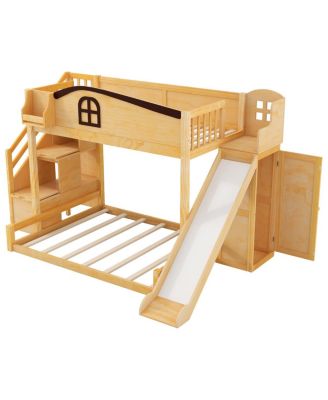 Twin over Full Bunk Bed with Storage Stairs, Shelf, Slide & Wardrobe