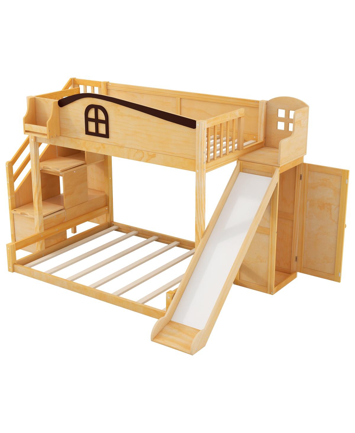 Streamdale Furniture Twin over Full Bunk Bed with Storage Stairs, Shelf, Slide & Wardrobe