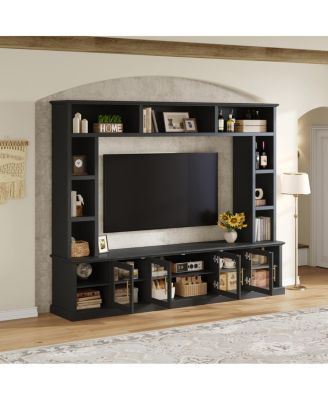 Entertainment Center Wall Unit for TVs up to 80" with Bookshelves & Glass Doors