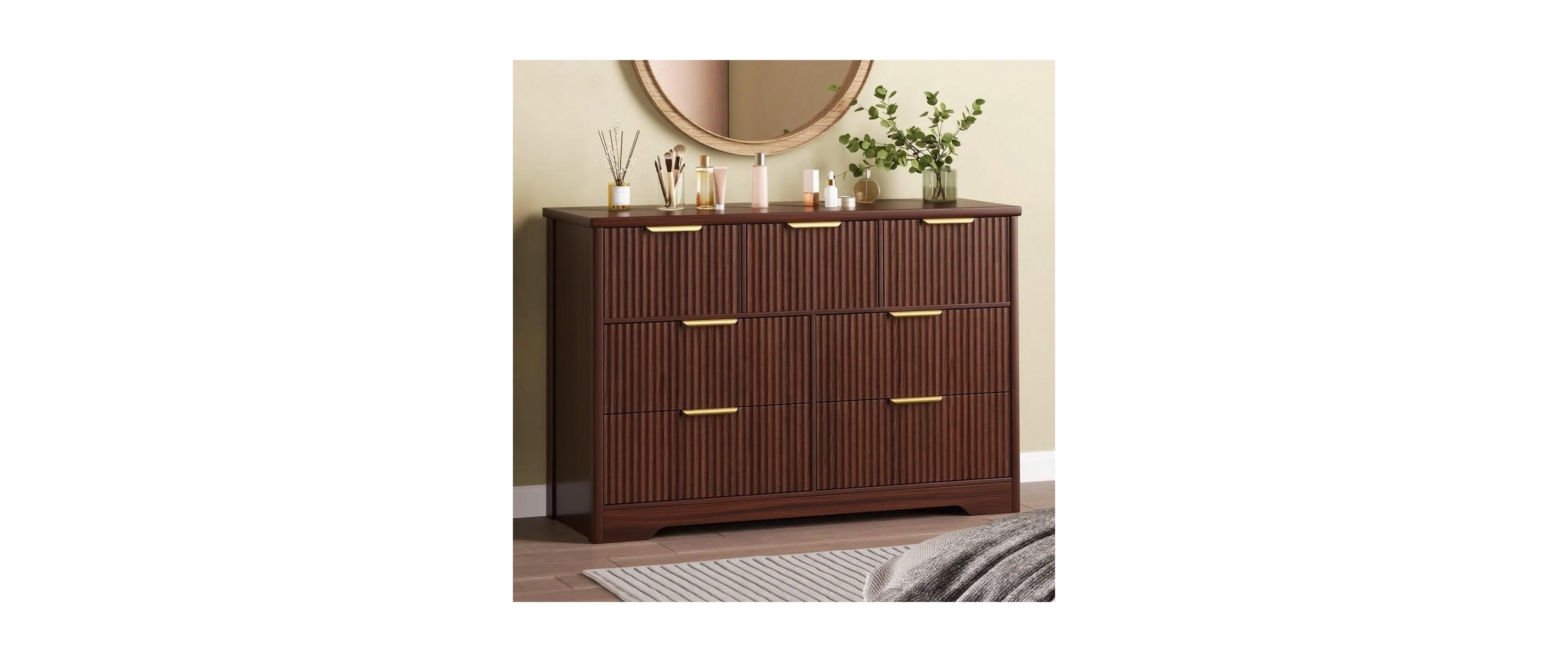 gaomon Wide 7 Drawer Wooden Dresser with Fluted Design and Metal Handles, Modern Bedroom Chest or Tv Stand
