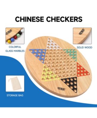 15" Jumbo Oak Wood Chinese Checkers Board Game Set with Colorful Glass Marbles, Classic Board Game