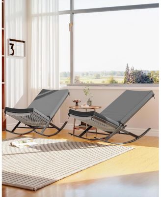 Outdoor Rocking Lounge Chair Set of 2, Patio Chaise Lounge with Removable Cushion for Napping Relaxing, Indoor Reclining Papasan Rocker Chair