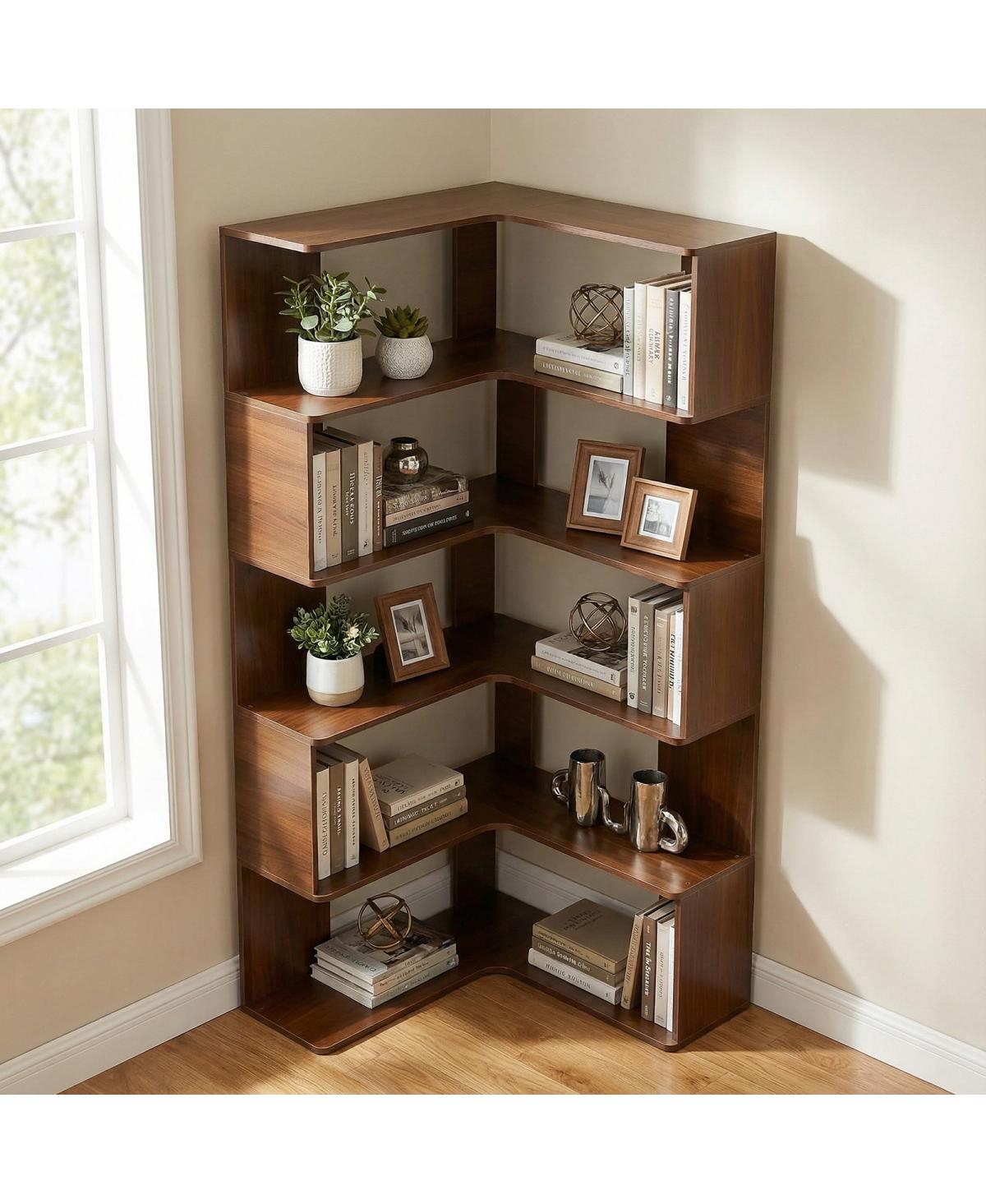 Streamdale Furniture 6 Tier L-Shaped Bookshelf, 66" Tall Walnut Open Display Shelf