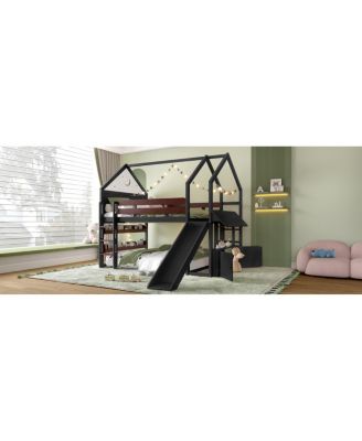 Loft Bed with Bookshelf, House-Shaped with Slide