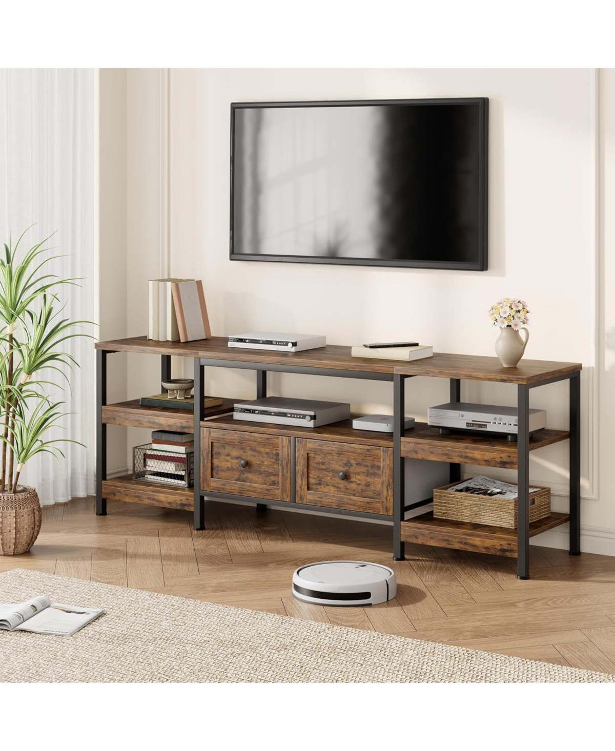gaomon Modern-Industrial Tv Stand with 2 Fabric Drawers, Entertainment Center for TVs
