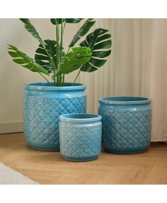 Handmade Ceramic Flowerpot Set of 3, Blue Geometric Pattern, 15/12/9 Inch Diameter