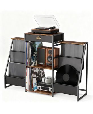 6-Bin Vinyl Record Storage with Drawer & Side Shelves for Turntable