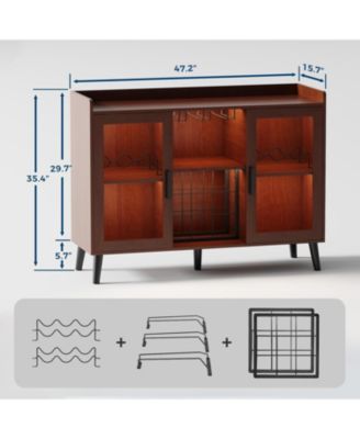 Modern Wine Bar Cabinet with LED Light Wood Kitchen Coffee Bar Home Liquor Cabinets with Glass Holder Doors and Wine Racks Buffet Sideboard