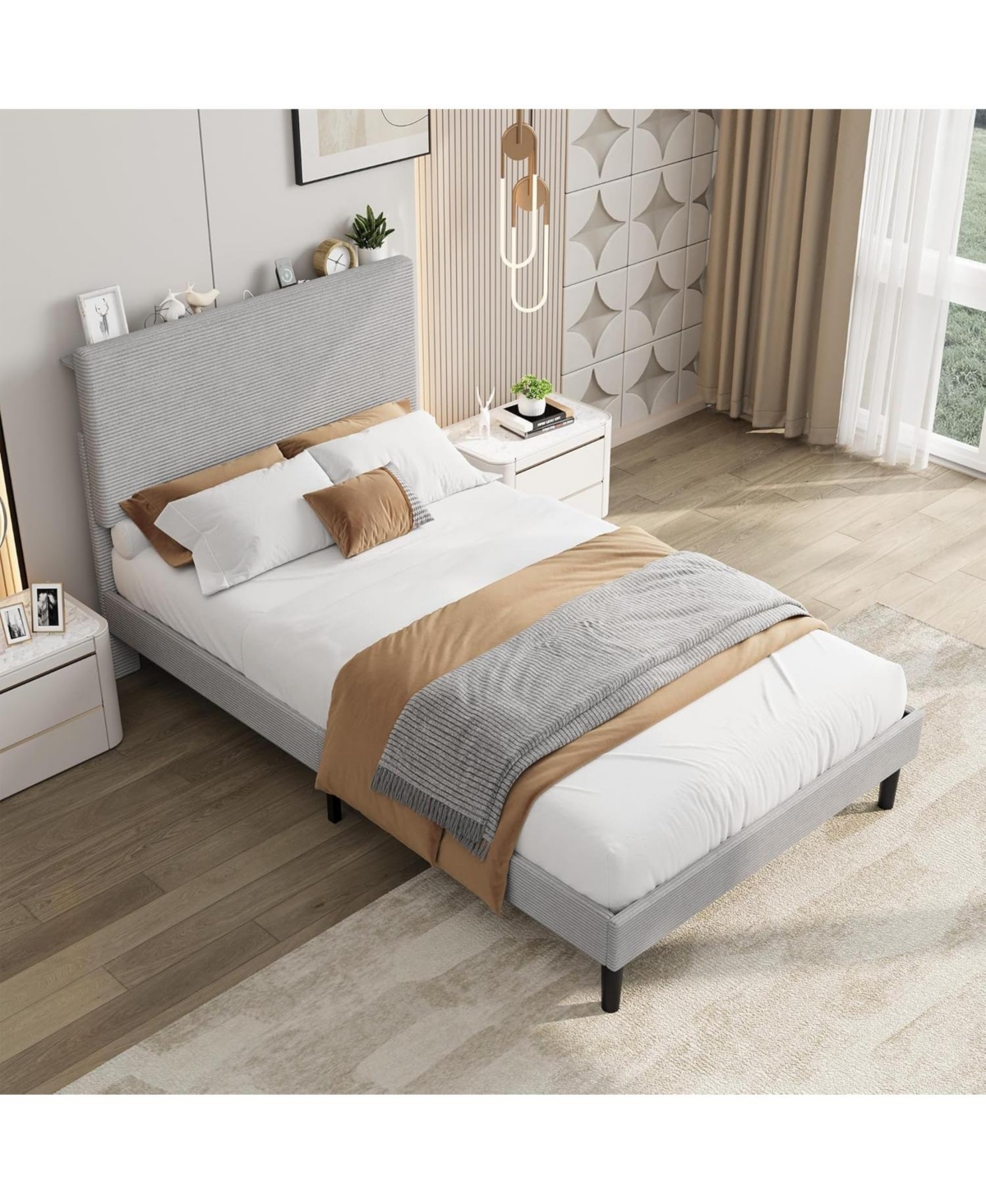 Gaomon Bed Frame with Usb Charging Station, Corduroy Upholstered Platform Adjustable Storage Headboard
