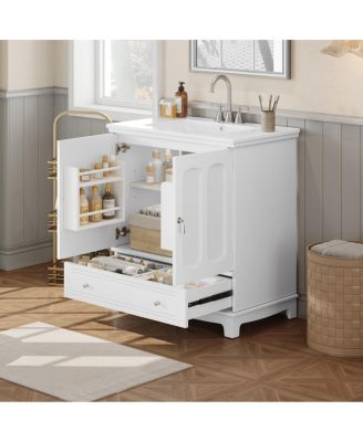 30"  Bathroom Vanity with Integrated Sink, Solid Wood & MDF Cabinet, Adjustable Shelf, Modern Storage