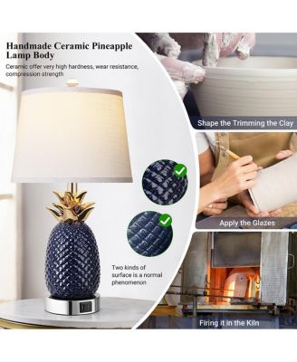22-inch Pineapple Table Lamps Set of 2, 3 way Dimmable Ceramic Table Lamp for living room, Navy Blue Modern Table Lamp with USB Port
