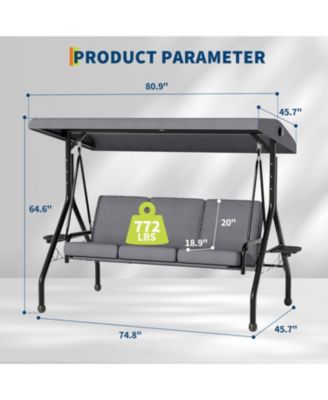 3 Seat Outdoor Porch Swing, 2-in-1 Patio Swing Chair with Thickened Removable Cushions, Adjustable Canopy   Cup Holders