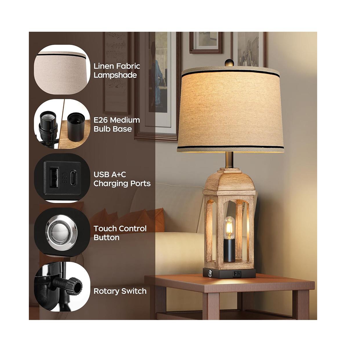 Sofucor 26-inch Table Lamp for Living Room, Farmhouse Lamps Set of 2 with Usb A+C and Nightlight