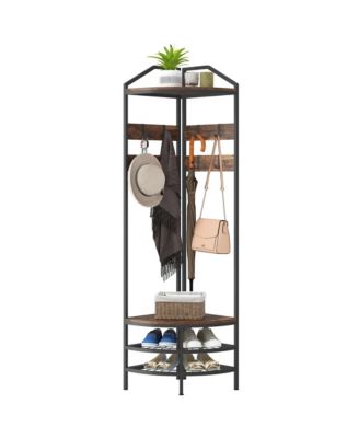 Corner Hall Tree - Industrial 4-Tier Coat Rack with Open Shelves, Movable Hooks and Steel Frame for Hallway, Living Room