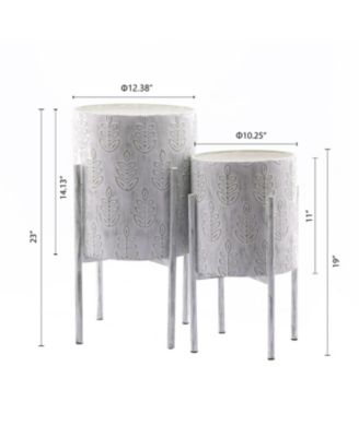 Set of 2  Leaf Embossed Metal Cachepot Planters  Stand