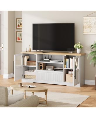 TV Stand for 75 Inch TVs, Retro Media Console with Glass Cabinets & Open Shelves, Farmhouse Modern Entertainment Center