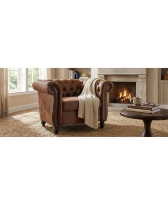 Chesterfield Club Chair with Scrolled Arms, Nail head Trim, and Solid Wood Legs