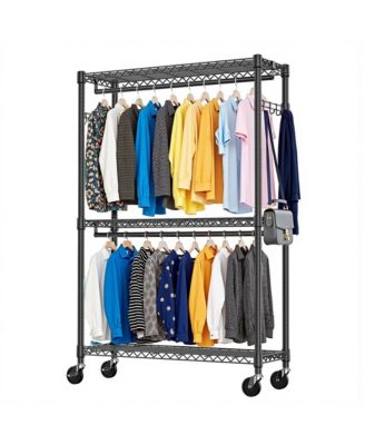 Heavy Duty Rolling Garment Rack - 3 Tiers Adjustable Wire Shelving, Clothes Rack with 2 Rods and Side Hooks for Bedroom and Cloakroom