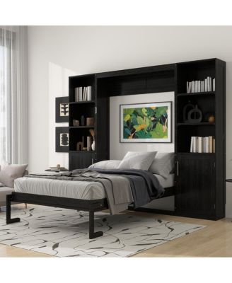 Queen size wooden Murphy Bed with Storage Shelves and Cabinets