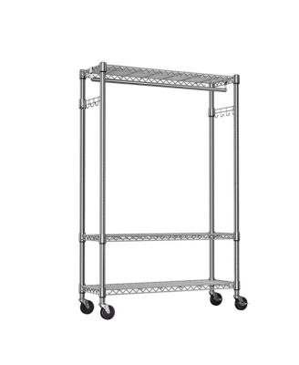 Heavy Duty Garment Rack on Wheels, 3 Tiers Adjustable Wire Shelving, Clothes Rack with 1 Rods and Side Hooks for Bedroom and Wardrobe, Chrome