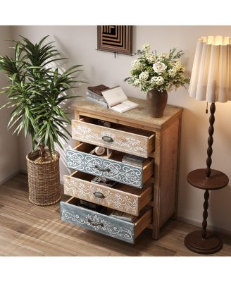  Vintage 4-Drawer Chest with Distressed Wood & Ornate Pattern Design