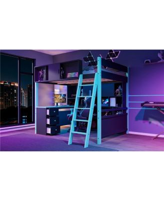 Full Size Wood Loft Bed with Desk, Ample Storage Space and Light